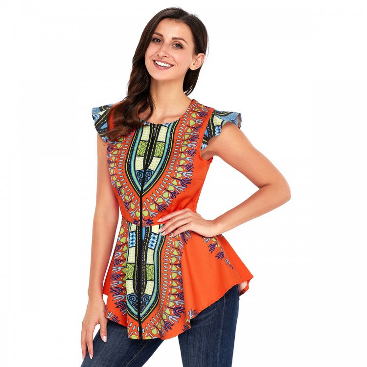 Orange African Printed Zipper Front Peplum Top