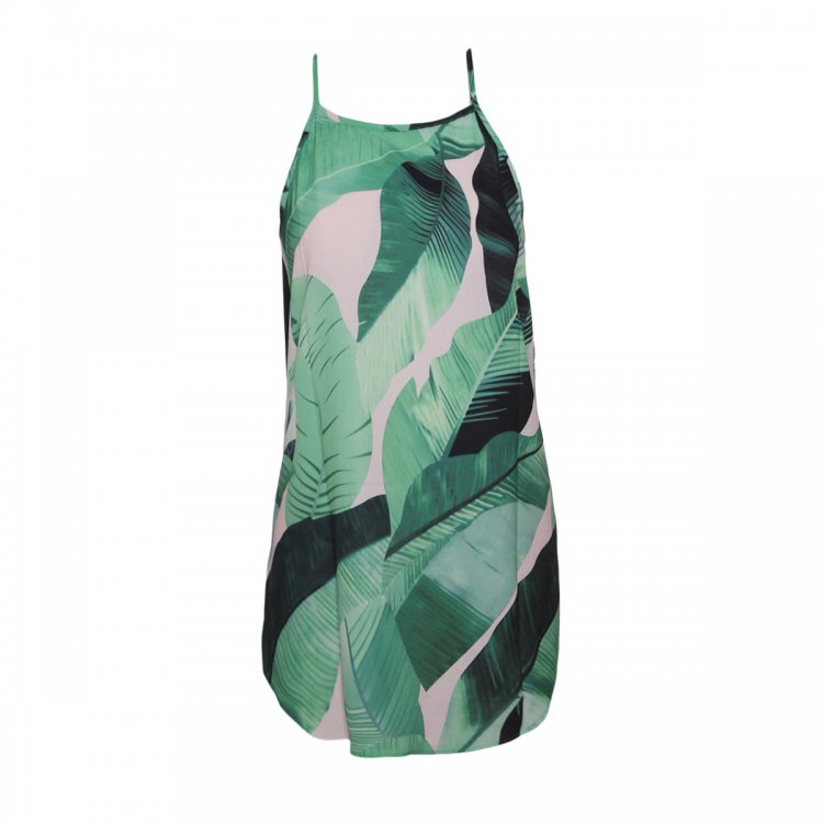 Green Leaf Print Sleeveless Dress