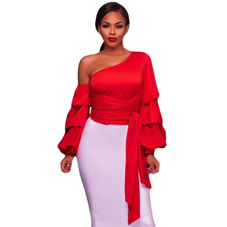 Red Asymmetrical Shoulder Ruffle Sleeve Top