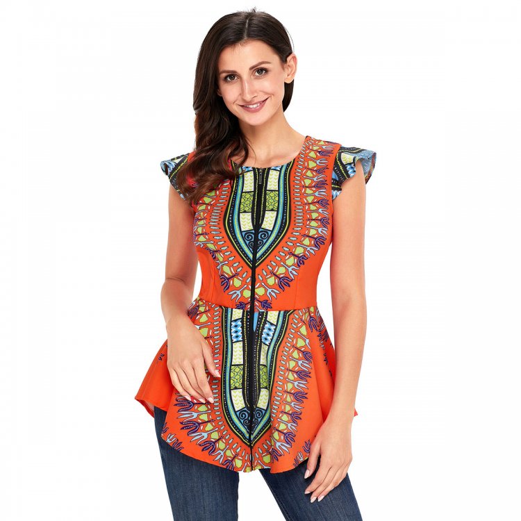 Orange African Printed Zipper Front Peplum Top