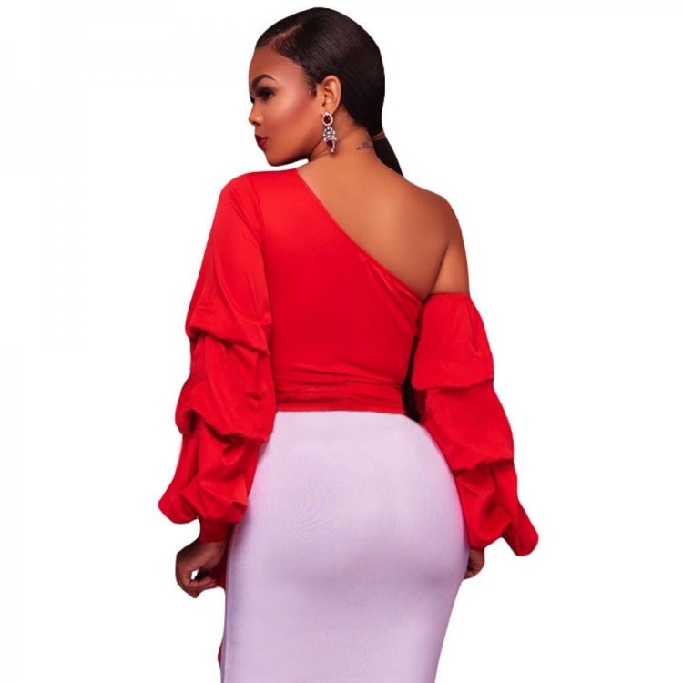 Red Asymmetrical Shoulder Ruffle Sleeve Top