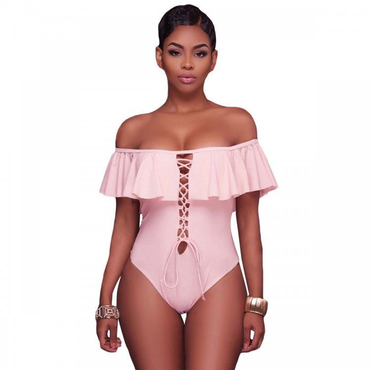 Pink Ruffle Off-The-Shoulder One Piece Swimsuit