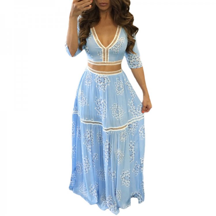 Blue Lace Trim Half Sleeve Floral Print Skirt Set