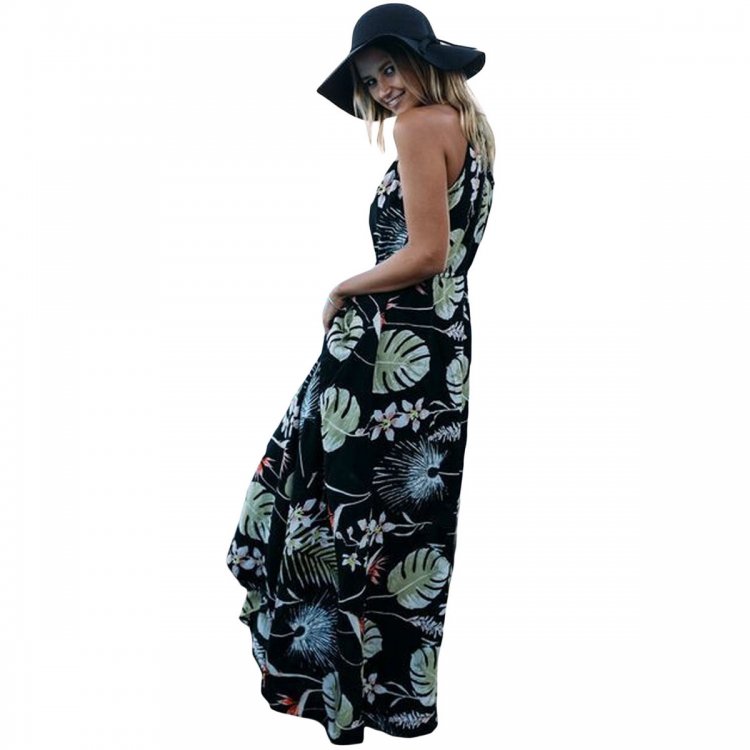 Dark Foiled Flower Print Sexy V Neck Maxi Dress