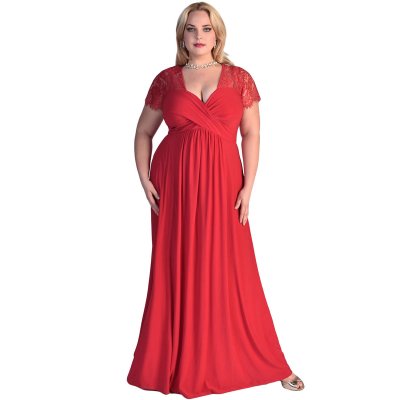 Red Lace Yoke Ruched Twist High Waist Plus Size Gown