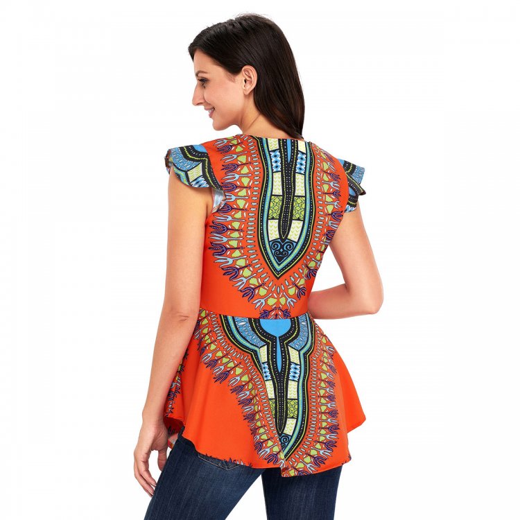 Orange African Printed Zipper Front Peplum Top