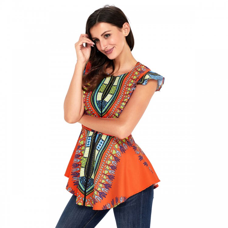 Orange African Printed Zipper Front Peplum Top