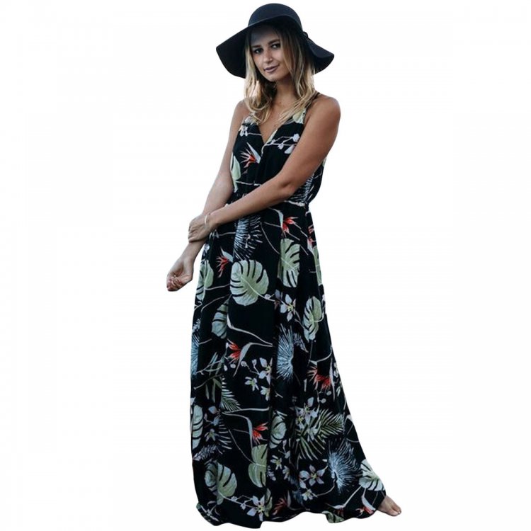 Dark Foiled Flower Print Sexy V Neck Maxi Dress