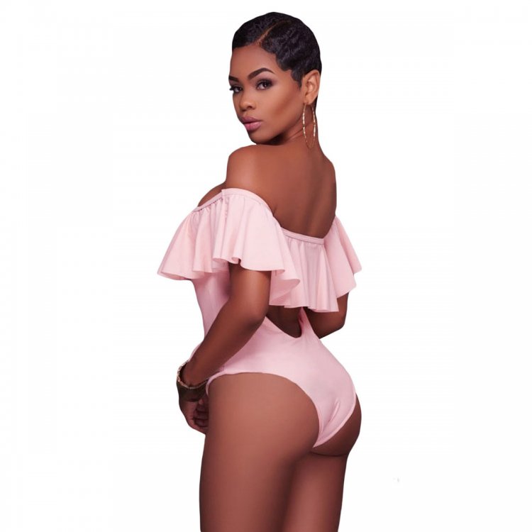 Pink Ruffle Off-The-Shoulder One Piece Swimsuit