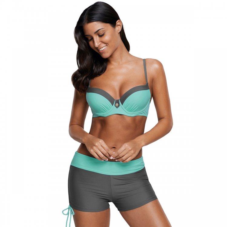 Mint Grey Bicolor Patchwork Underwired Bikini Swimsuit