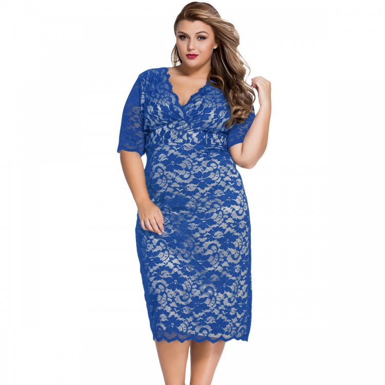 Blue Plus Size V-Neck Half Sleeve Lace Midi Dress