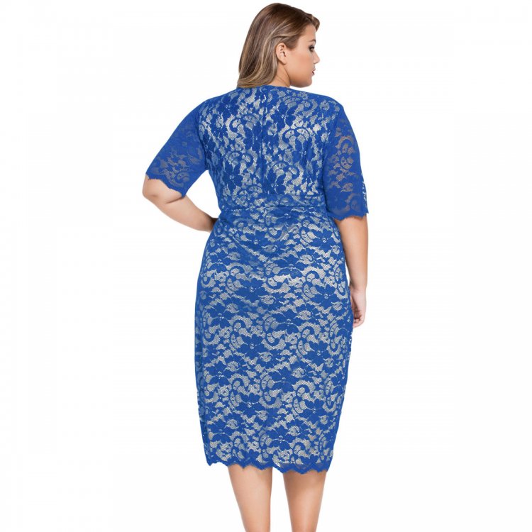 Blue Plus Size V-Neck Half Sleeve Lace Midi Dress