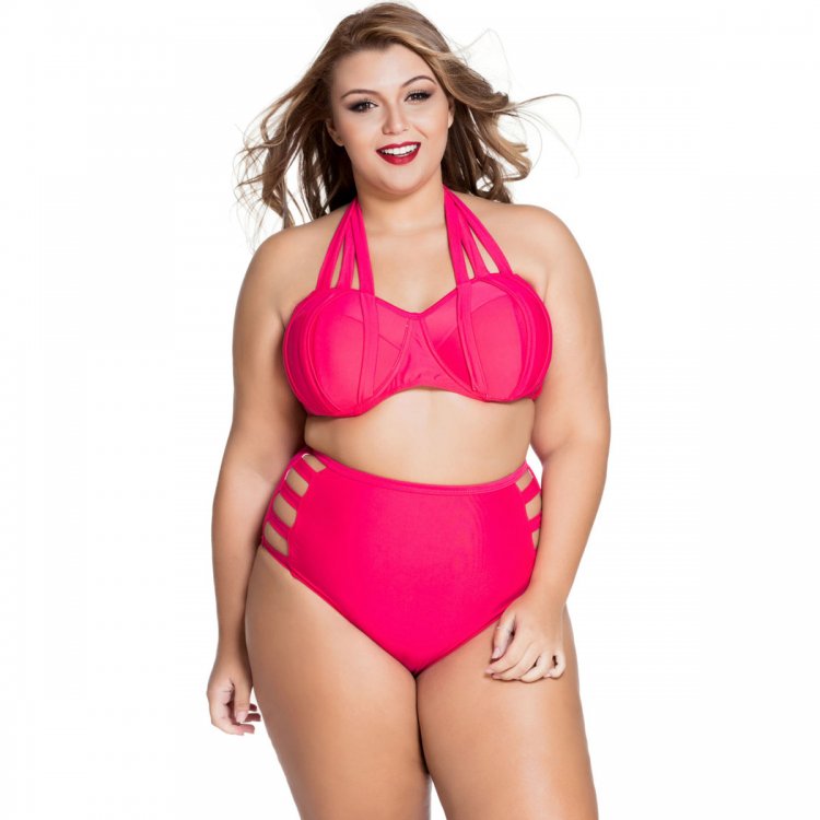 Red Strappy Splice Plus High-waisted Swimwear