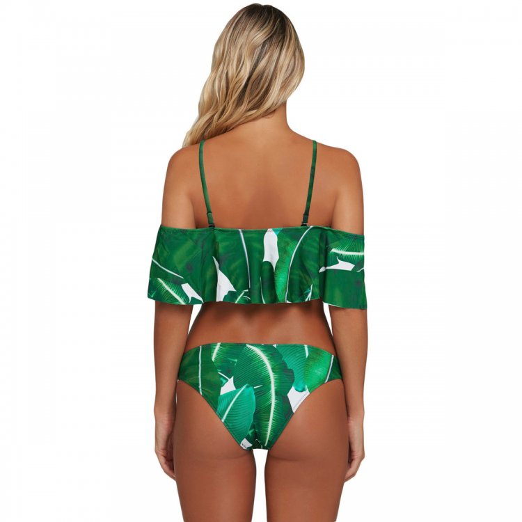 Palm Leaf Print Ruffle Off Shoulder Bikini Swimsuit