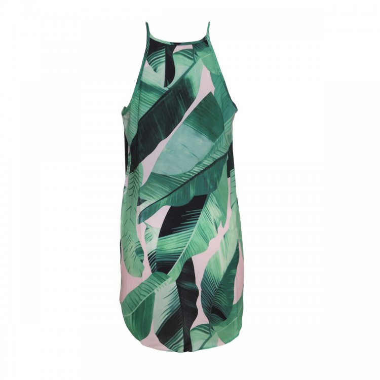 Green Leaf Print Sleeveless Dress